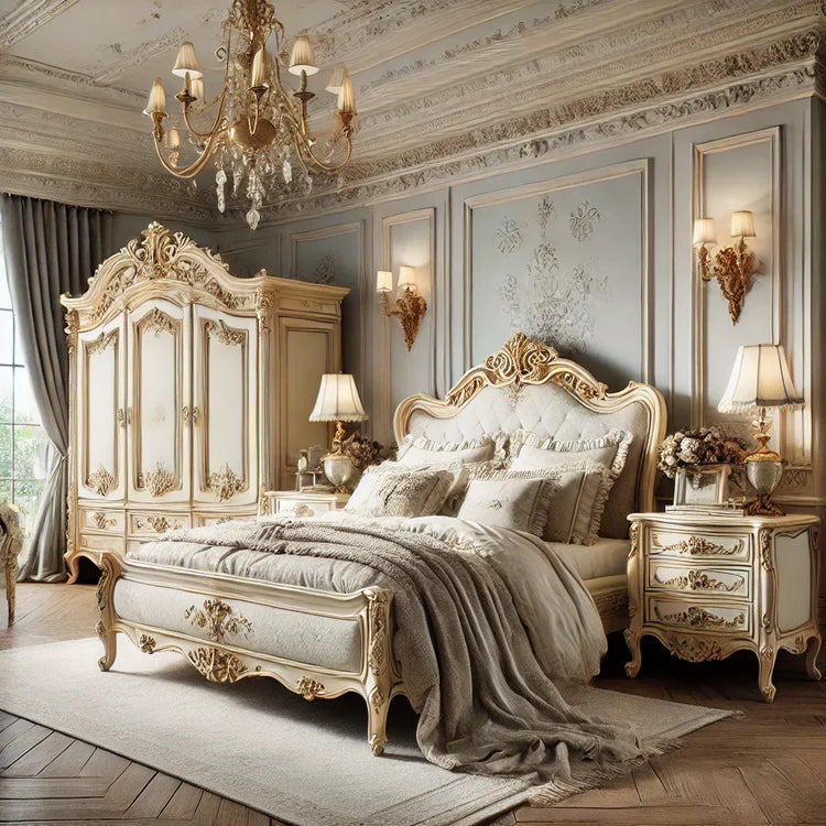 Ornate Rococo bed from Chic Home Bedroom Furniture Collection with elegant wardrobes and bedside tables.