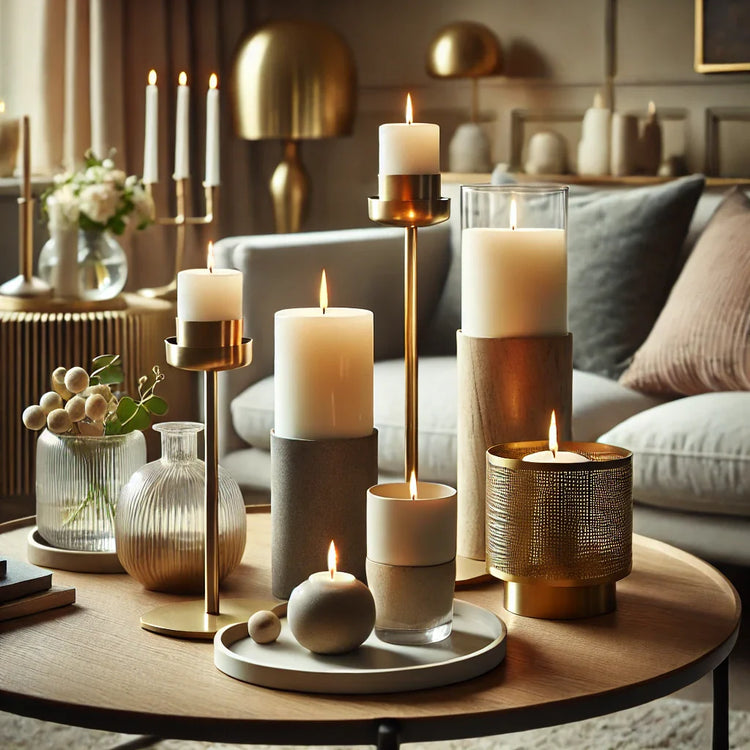 Chic home setup with candle holders and decor on a round coffee table for a perfect blend.