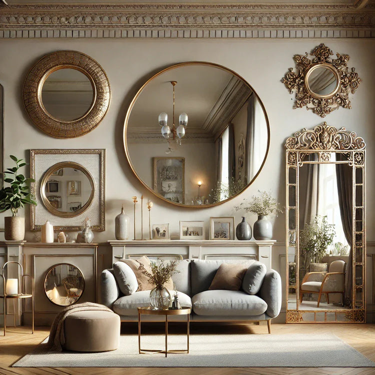 Elegant living room featuring chic home mirrors and a stylish gray sofa for practical decor.