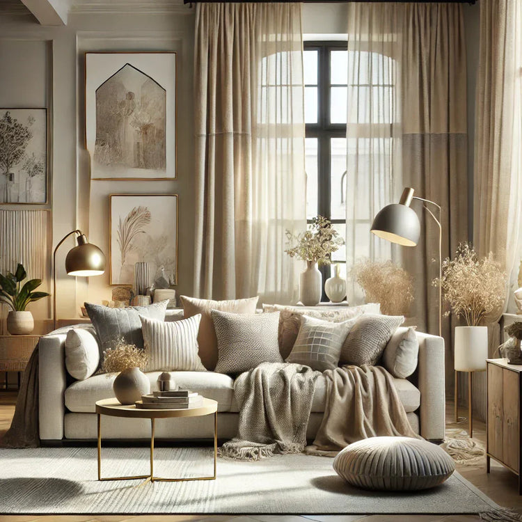 Comfortable beige sofa with pillows and a throw, perfect for cozy home furnishings vibes.