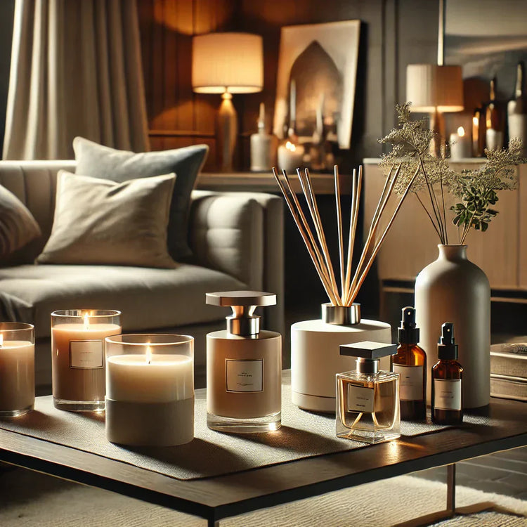 Home Fragrance Collection featuring luxury home fragrance candles and diffusers on a tray.