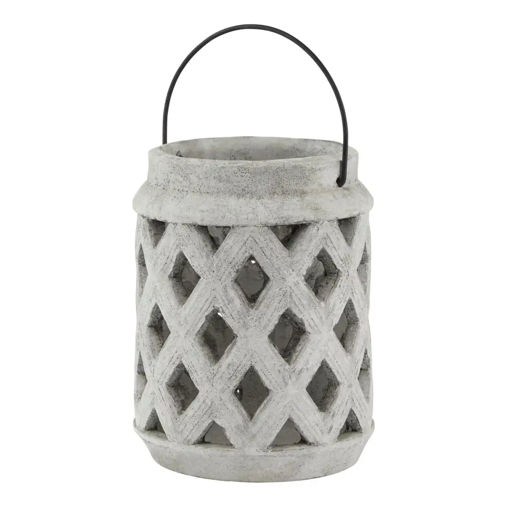 Athena Stone Large Lattice Lantern with Metal HandleCandle HolderChic & Co Home LTD