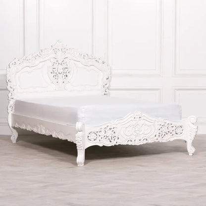 Elegant Off-White Rococo King Bed in Mahogany Wood with intricate carvings in French style rococo