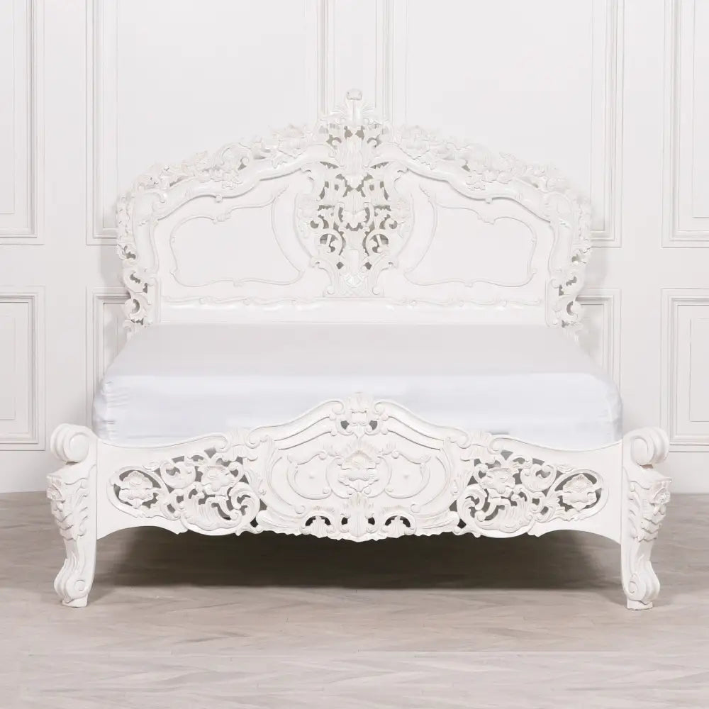 Elegant Off-White Rococo King Bed with carved details in French style rococo design