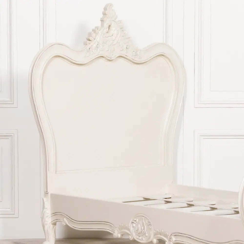 Ornate white headboard on a stylish 3ft single bed for luxurious bedroom comfort