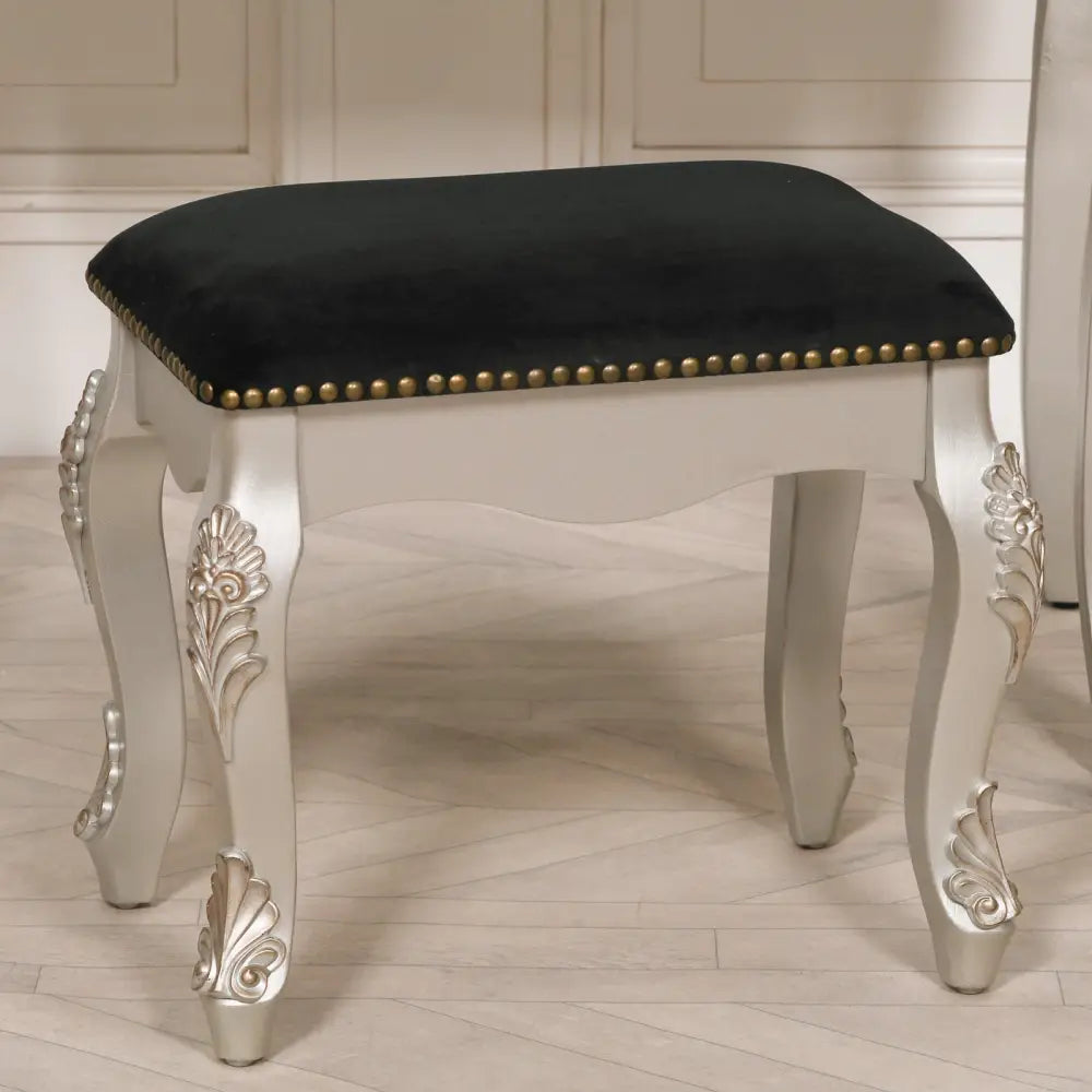 Ornate silver-legged stool with black seat and gold studs for French Antique Dressing Table