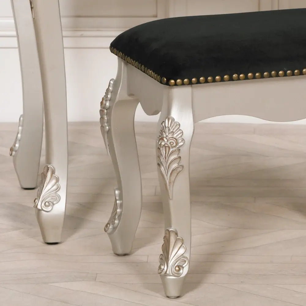 Ornate white stool with curved legs and black seat for Chic French Antique Silver Dressing Table