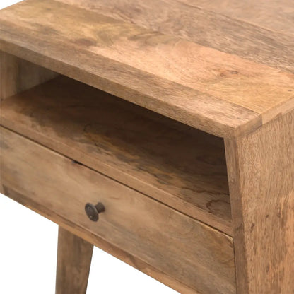 Solid Mango Wood Nightstand with drawer and shelf in a stunning oak-ish hue