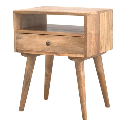 Solid Mango Wood nightstand with tapered legs in stunning oak-ish hue, beautifully crafted piece