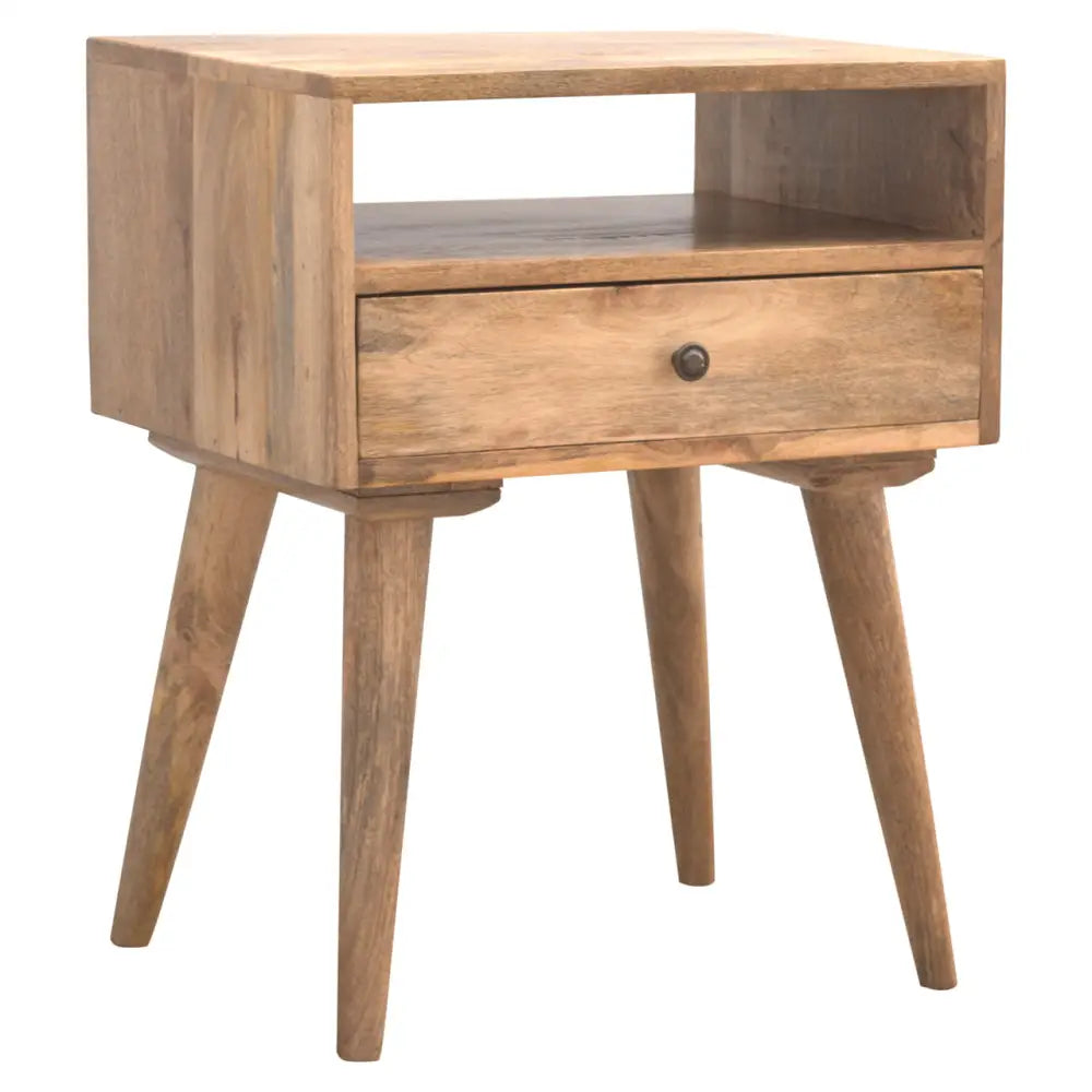 Stylish solid mango wood nightstand in stunning oak-ish hue with tapered legs