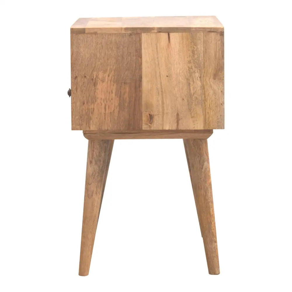 Wooden side table with tapered legs and a drawer in solid mango wood, stunning oak-ish hue