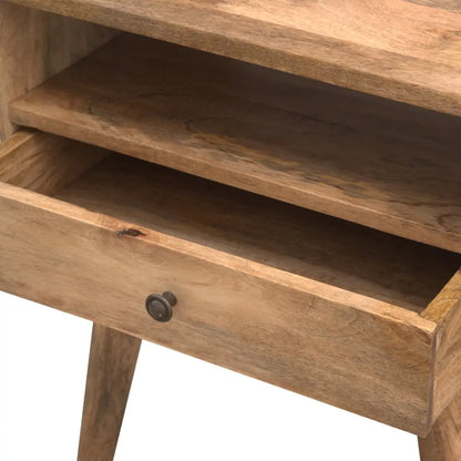 Solid mango wood nightstand with open drawer, shelf, and stunning oak-ish hue