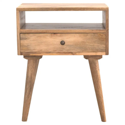 Solid mango wood nightstand with tapered legs in stunning oak-ish hue, beautifully crafted piece