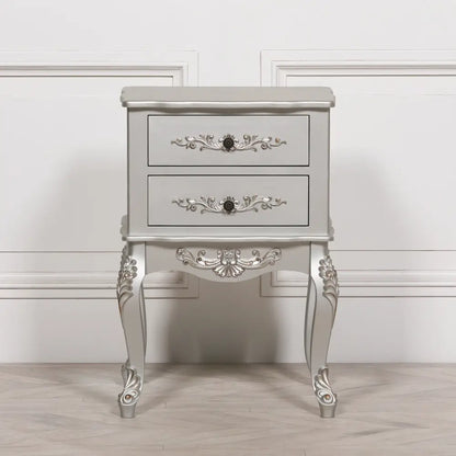 Ornate Silver Hand Painted French Antique Bedside Table w31 x d30cm with two drawers