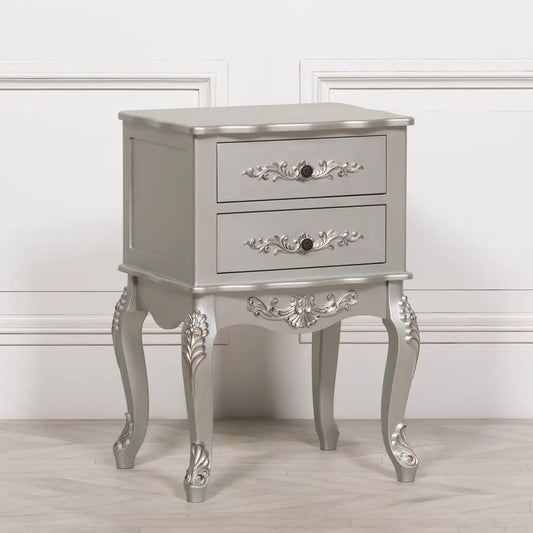 Stylish Silver Hand Painted French Antique Bedside Table with two drawers and curved legs