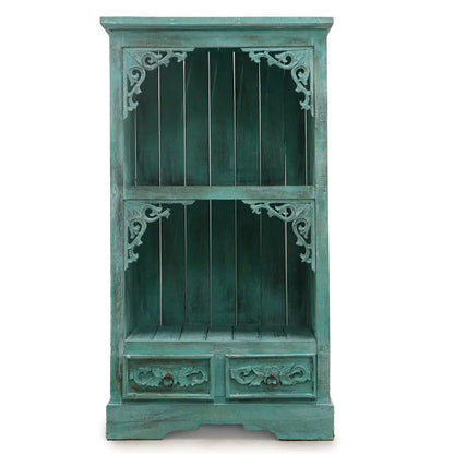 Vintage teal wooden bookshelf with drawers, perfect for Rustic Bathroom Cabinets in Albasia Wood