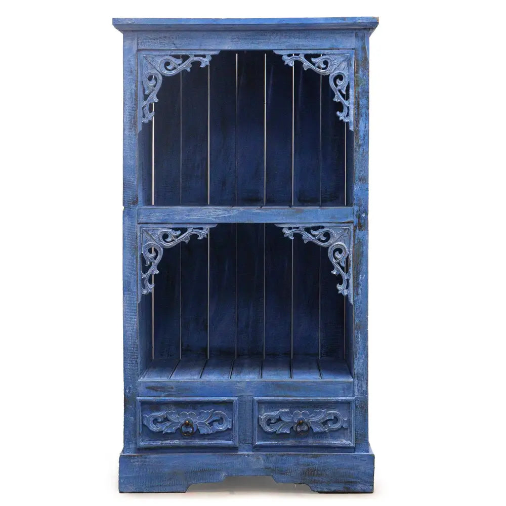 Blue wooden bookshelf with ornate carvings, perfect for bathroom cabinets crafted from Albasia wood