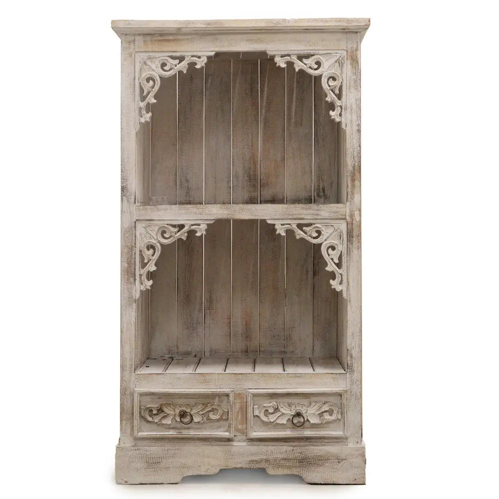 Rustic bathroom cabinets in Albasia wood with ornate carvings and two handy drawers