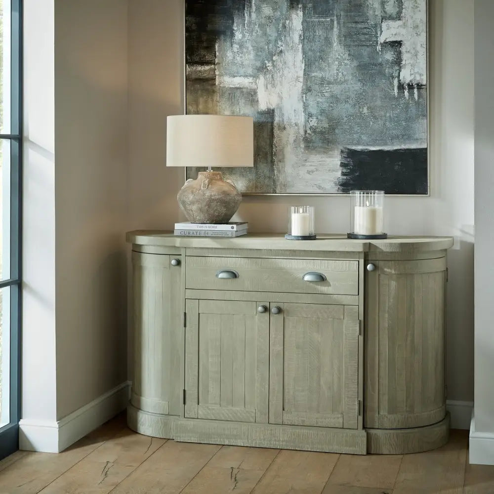 Pale green wooden sideboard with Amalfi Grey Large Hurricane Lantern on top