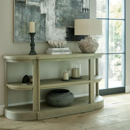 Curved light neutral console table with shelves paired with Amalfi Grey Large Hurricane Lantern