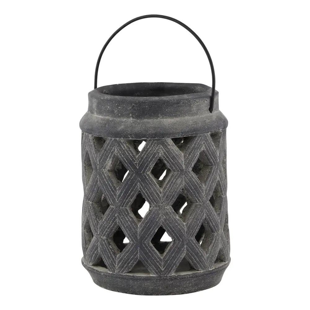 Amalfi Grey Large Lattice Lantern with metal handle and diamond cutout design