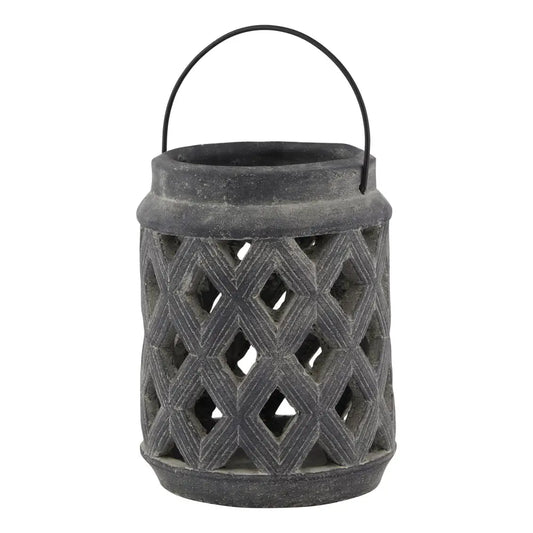 Amalfi Grey Large Lattice Lantern with metal handle and diamond cutout design