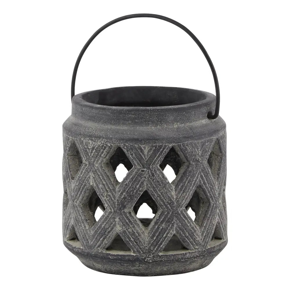 Amalfi Grey Lattice Lantern in Gray Ceramic with Metal Handle, perfect for cozy vibes