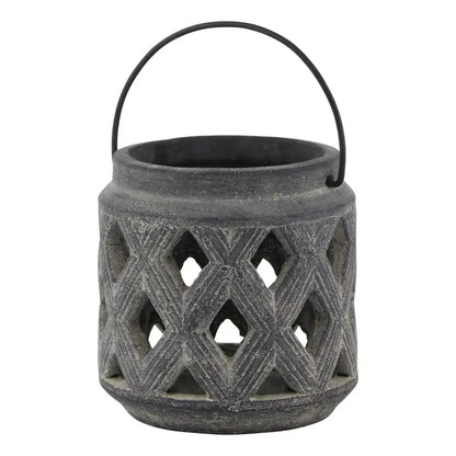 Amalfi Grey Lattice Lantern in Gray Ceramic with Metal Handle, perfect for cozy vibes