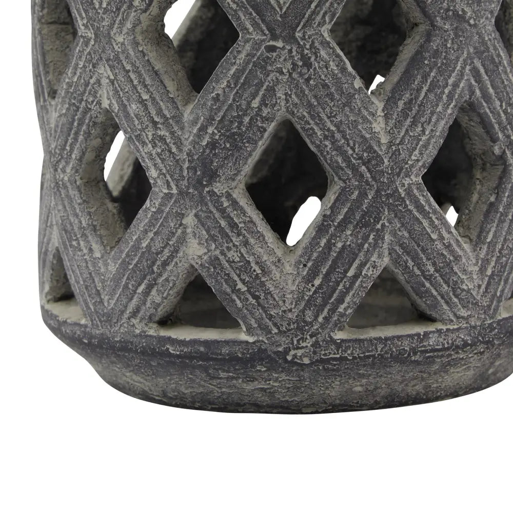 Stunning Amalfi Grey Lattice Lantern showcasing a gray ceramic vessel with diamond cutouts