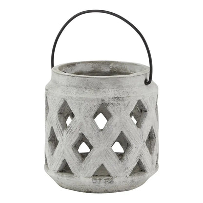 Athena Stone Lattice Lantern featuring diamond cutouts and a durable metal handle