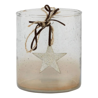 Glass candle holder from Coffee Ombre Collection with star ornament on rim