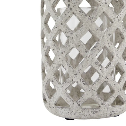 Grey Stone Effect Hurricane Lantern featuring a cool lattice pattern and diamond openings