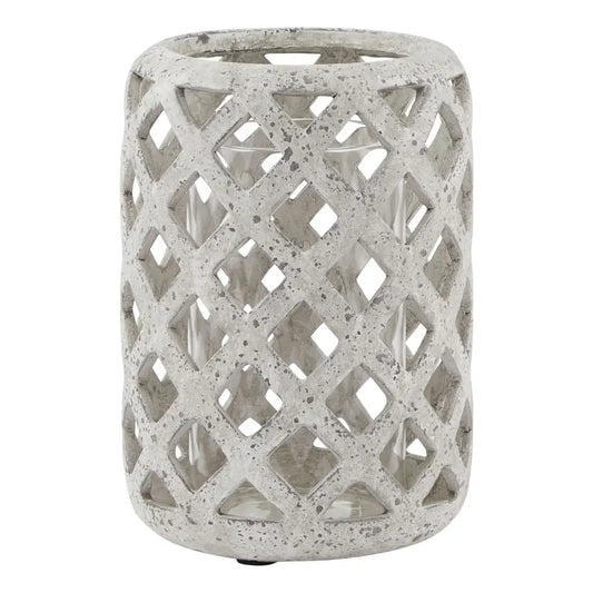 Cylindrical grey stone effect hurricane lantern with diamond lattice pattern openings