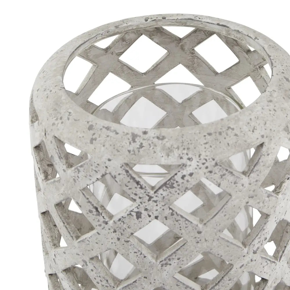 Large grey stone effect candle holder with lattice pattern and speckled texture