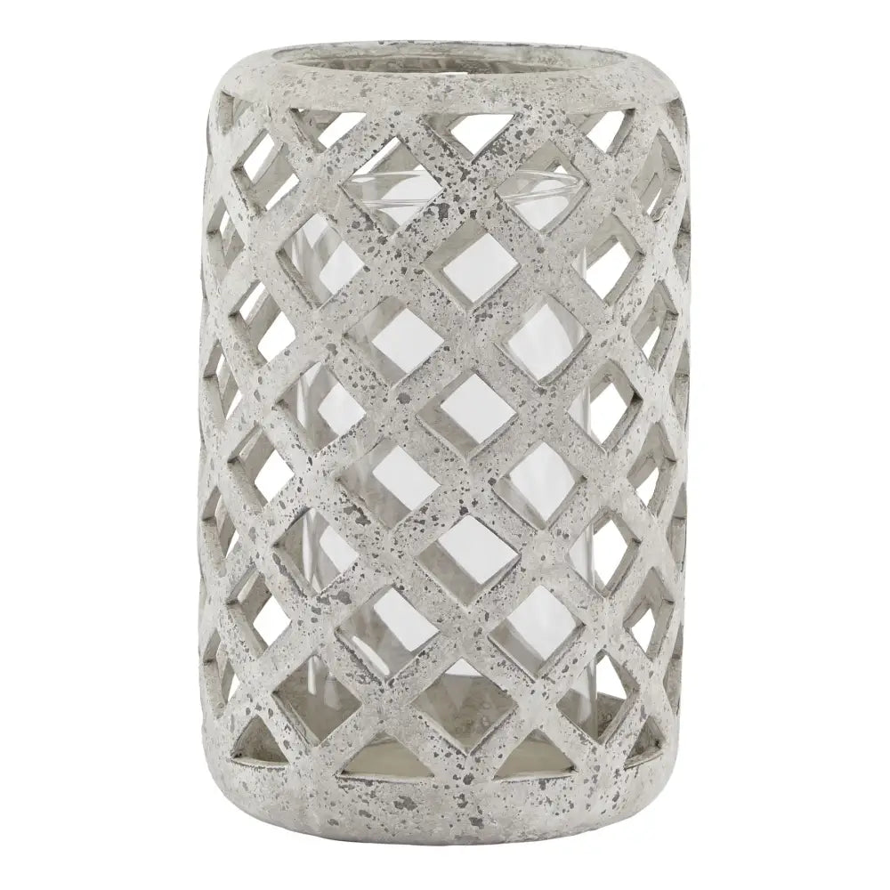 Large grey stone effect candle holder with a stylish lattice pattern design