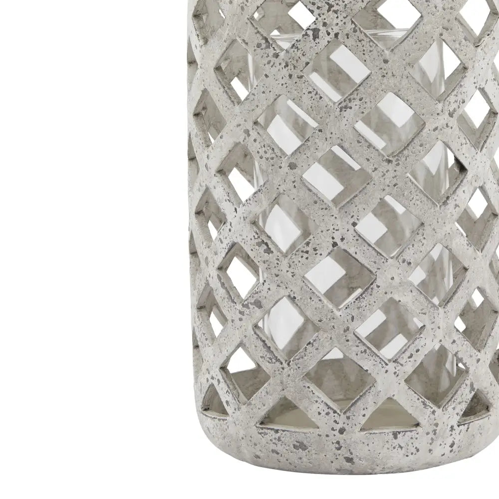 Large grey stone effect candle holder with decorative diamond lattice pattern