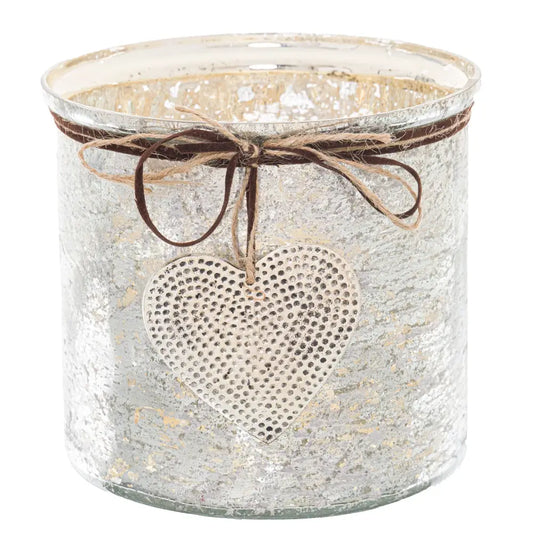 Large Mercury Hammered Heart Candle Holder with ribbon bow and charming heart ornament