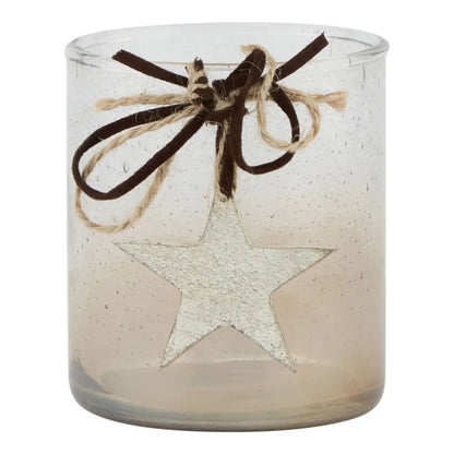 Glass candle holder with shining star design and brown ribbon for charming home decor