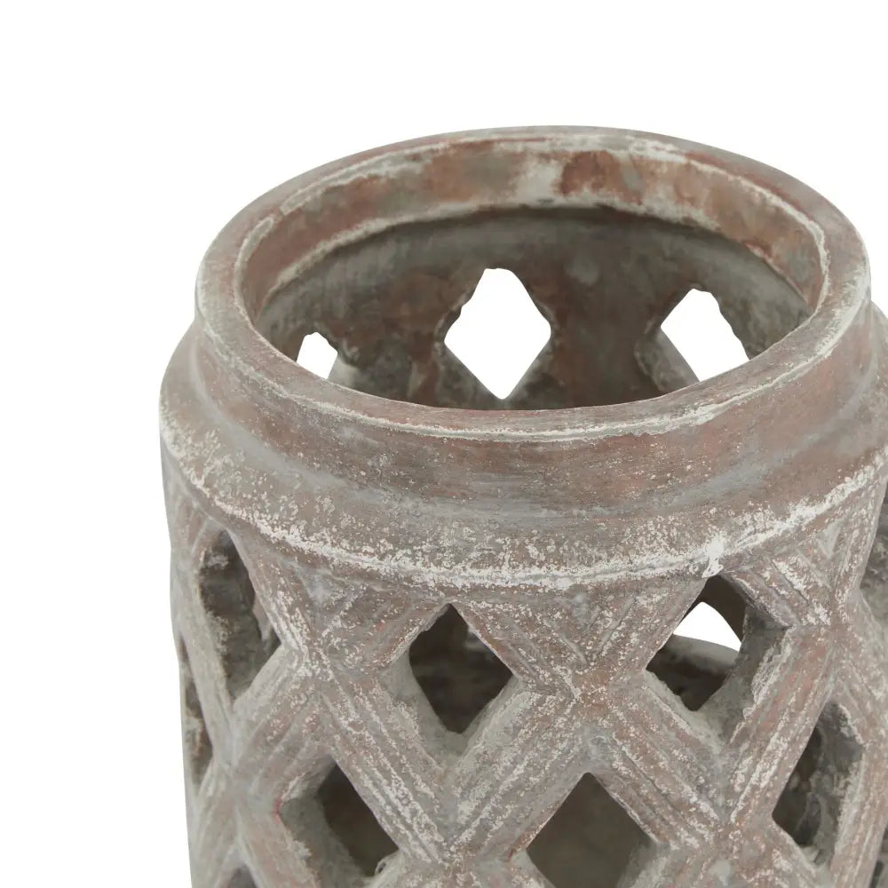 Ceramic Siena Brown Lattice Lantern with diamond cutouts and metal handle