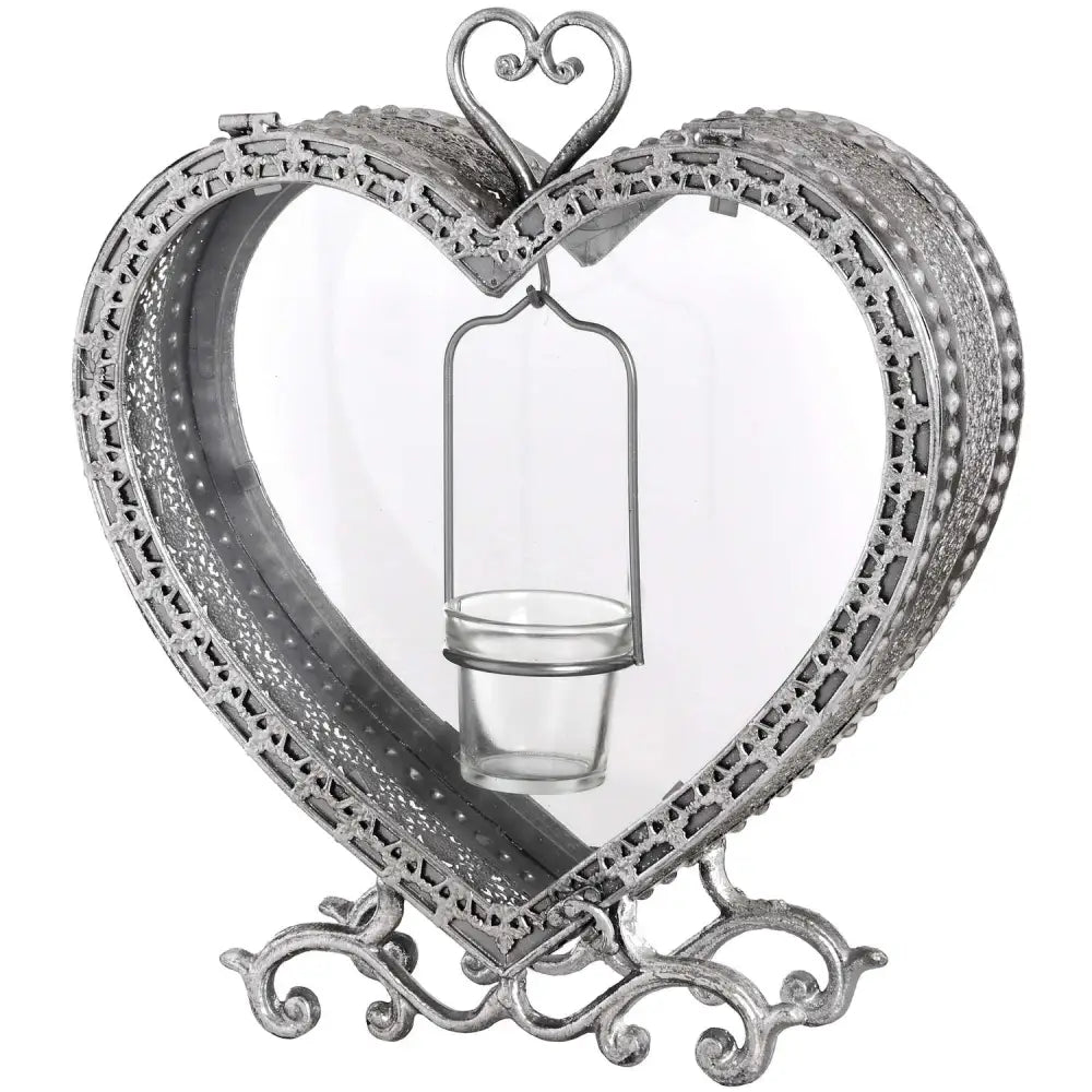 Heart tealight lantern in antique silver with intricate wrought iron and glass candle holder