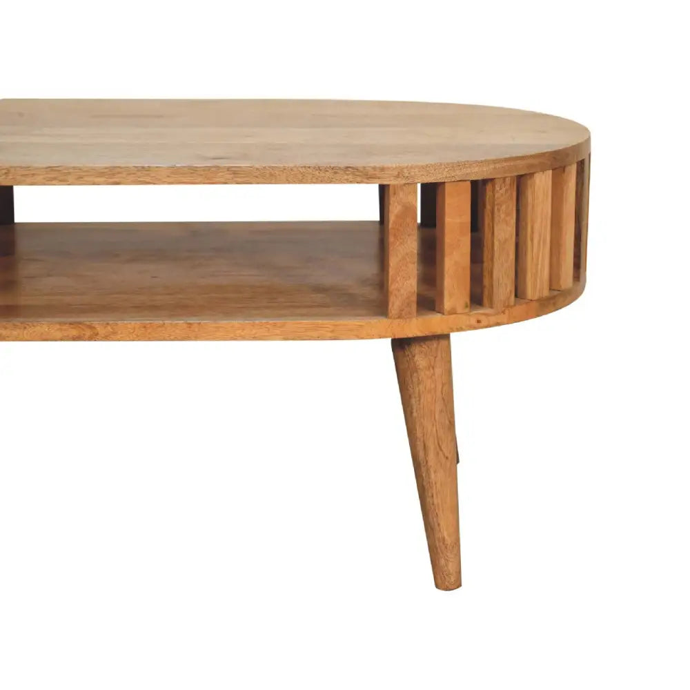 Ariella Coffee Table in Solid Mango Wood with slatted sides and tapered legs