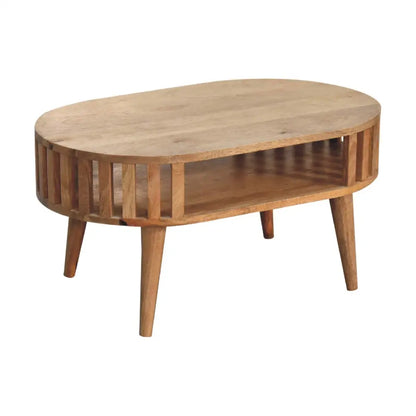 Ariella Coffee Table in solid mango wood with slatted sides and tapered legs