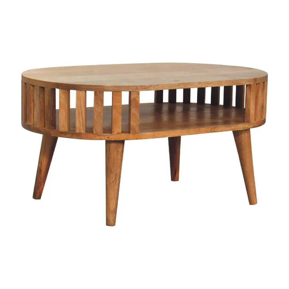 Ariella Coffee Table in Solid Mango Wood with slatted sides and tapered legs