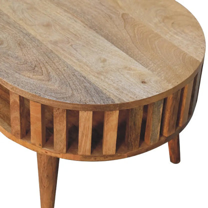 Ariella Coffee Table in Solid Mango Wood with slatted sides and tapered legs