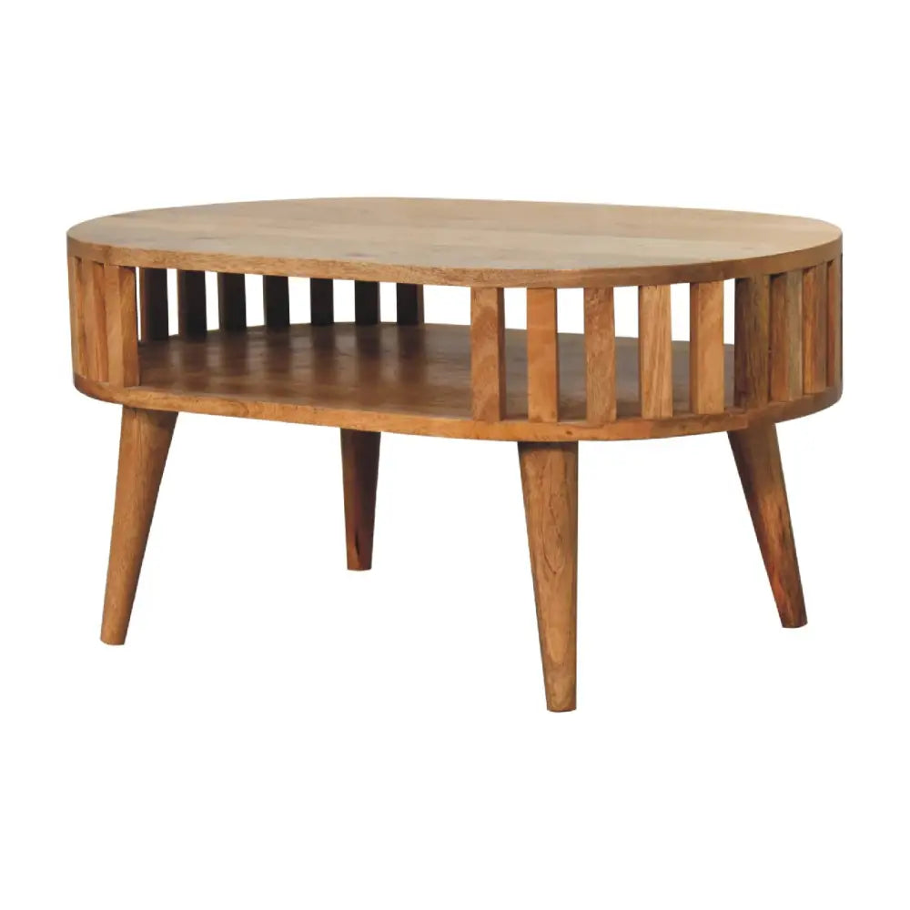 Round Ariella Coffee Table in Solid Mango Wood with slatted sides and tapered legs