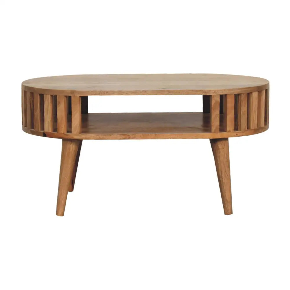 Round Ariella Coffee Table in Solid Mango Wood with slatted sides and tapered legs