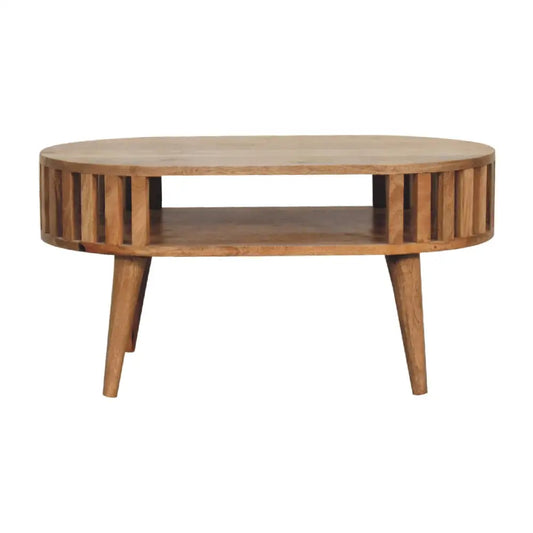 Round Ariella Coffee Table in Solid Mango Wood with slatted sides and tapered legs