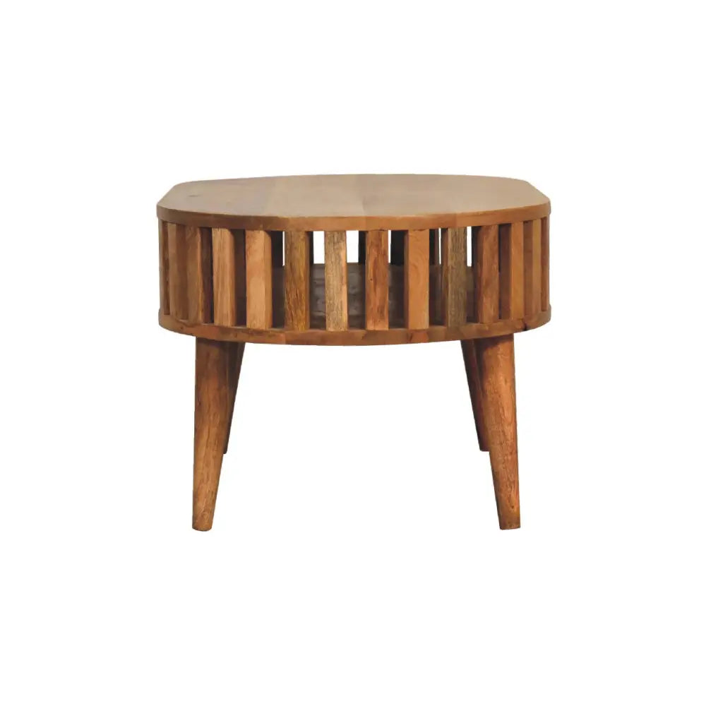 Round Ariella Coffee Table in Solid Mango Wood with slatted sides and tapered legs