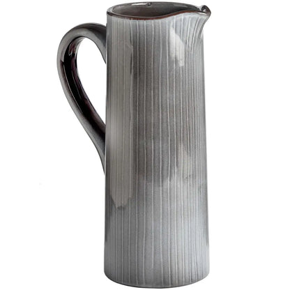 Elegant grey ceramic display jug with ribbed texture and dark handle for decor