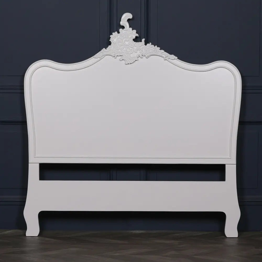 Elegant French White 4ft6 Double Headboard with curved top and decorative carvings